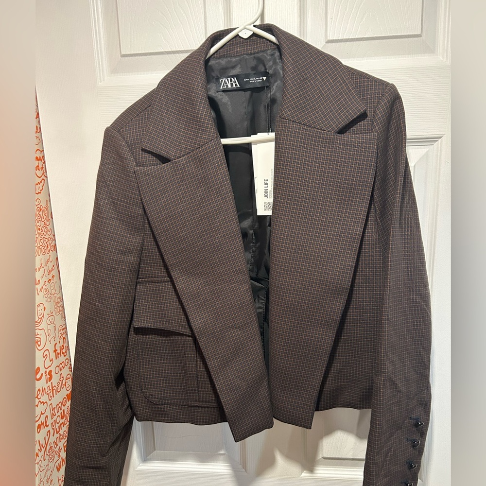 Zara Women's Dark Brown Checkered Blazer
